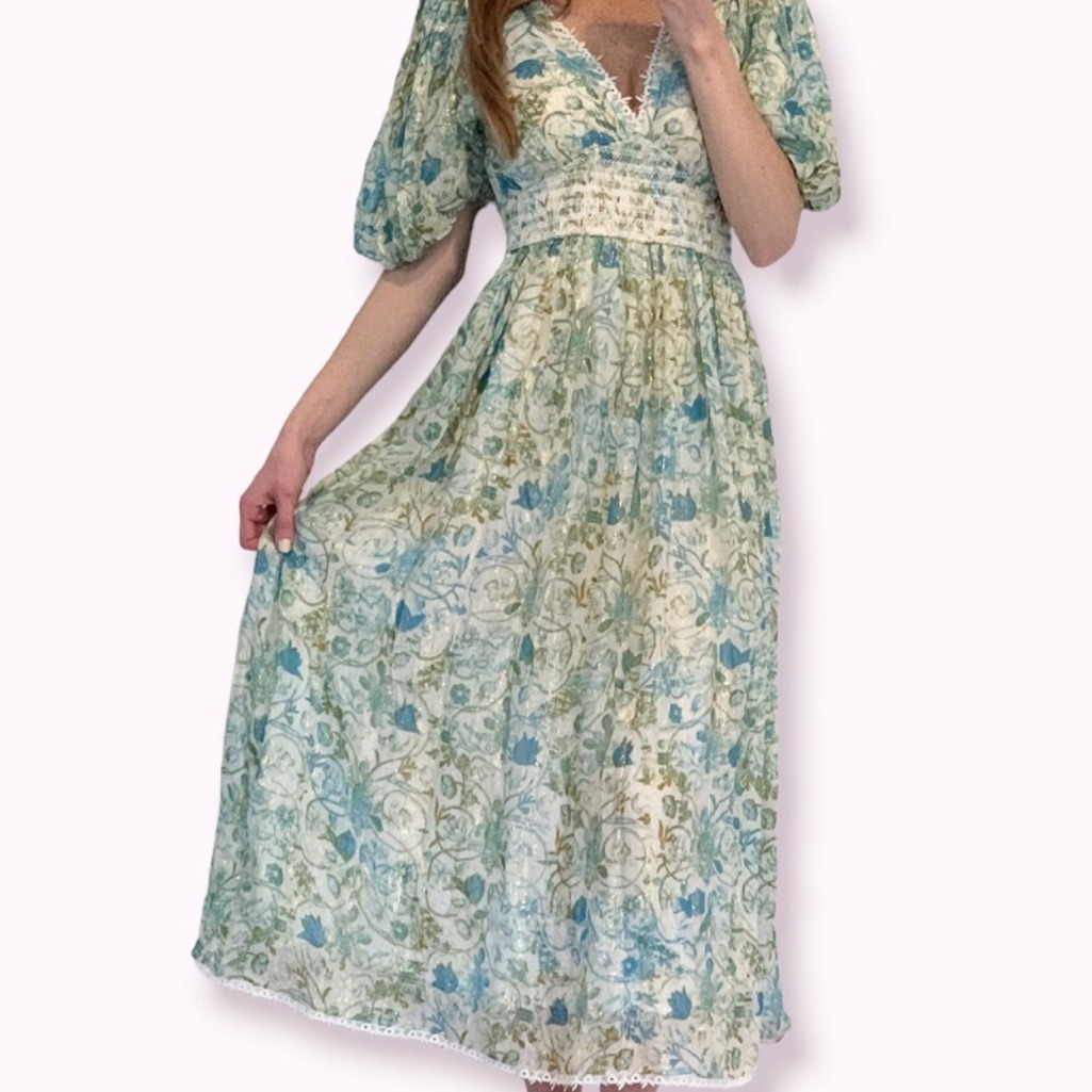 Rococo Sand Blue Green Gold Elan Ling Dress With Short Sleeves Size Xs New